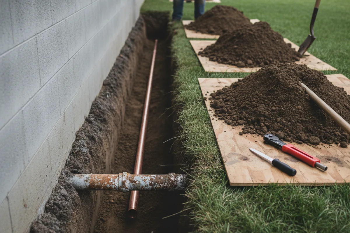 Excavated water line trench during Sewer Line Repair in Hester